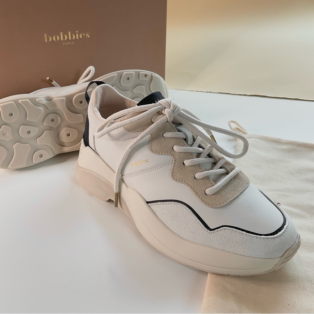 NEW • BOBBIES PARIS Beige and Black Leather Sneakers - Picture 8 of 16